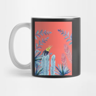 Cockatiel with tropical foliage and coral pink background Mug